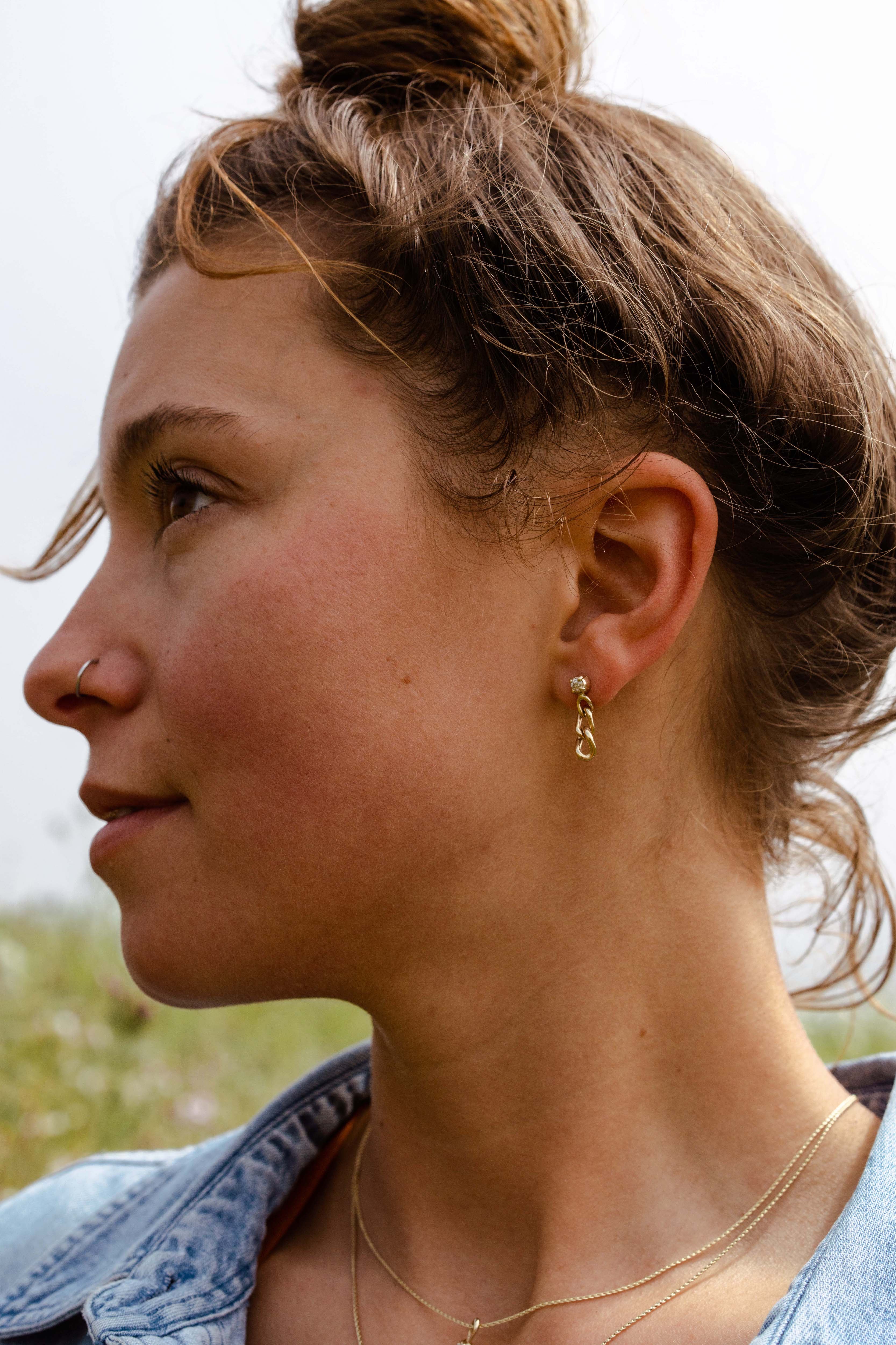 Diamond Short Artisan Curb Chain Earrings - Gold on model