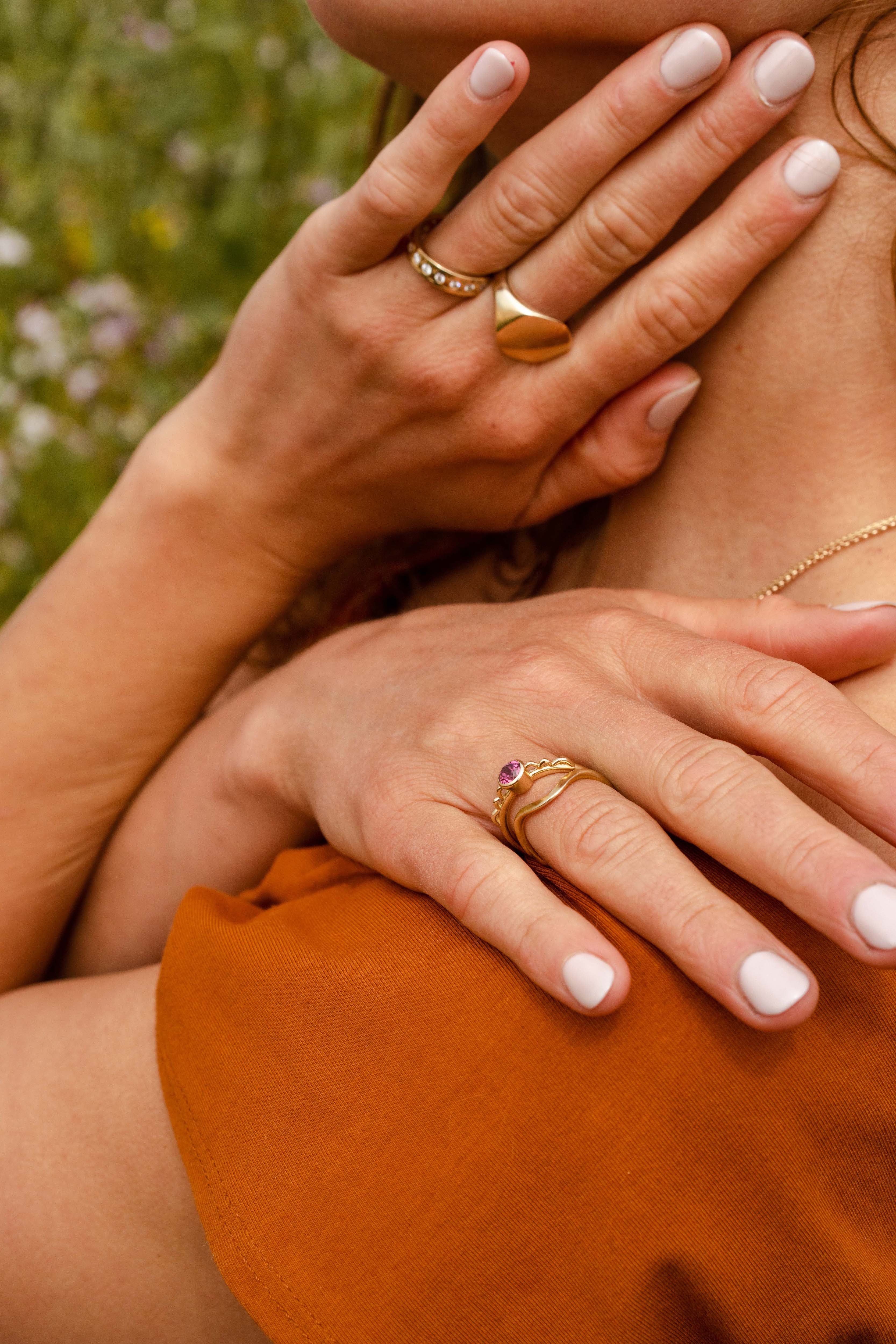 Garnet Vessel Ring No. 3 - Gold on model