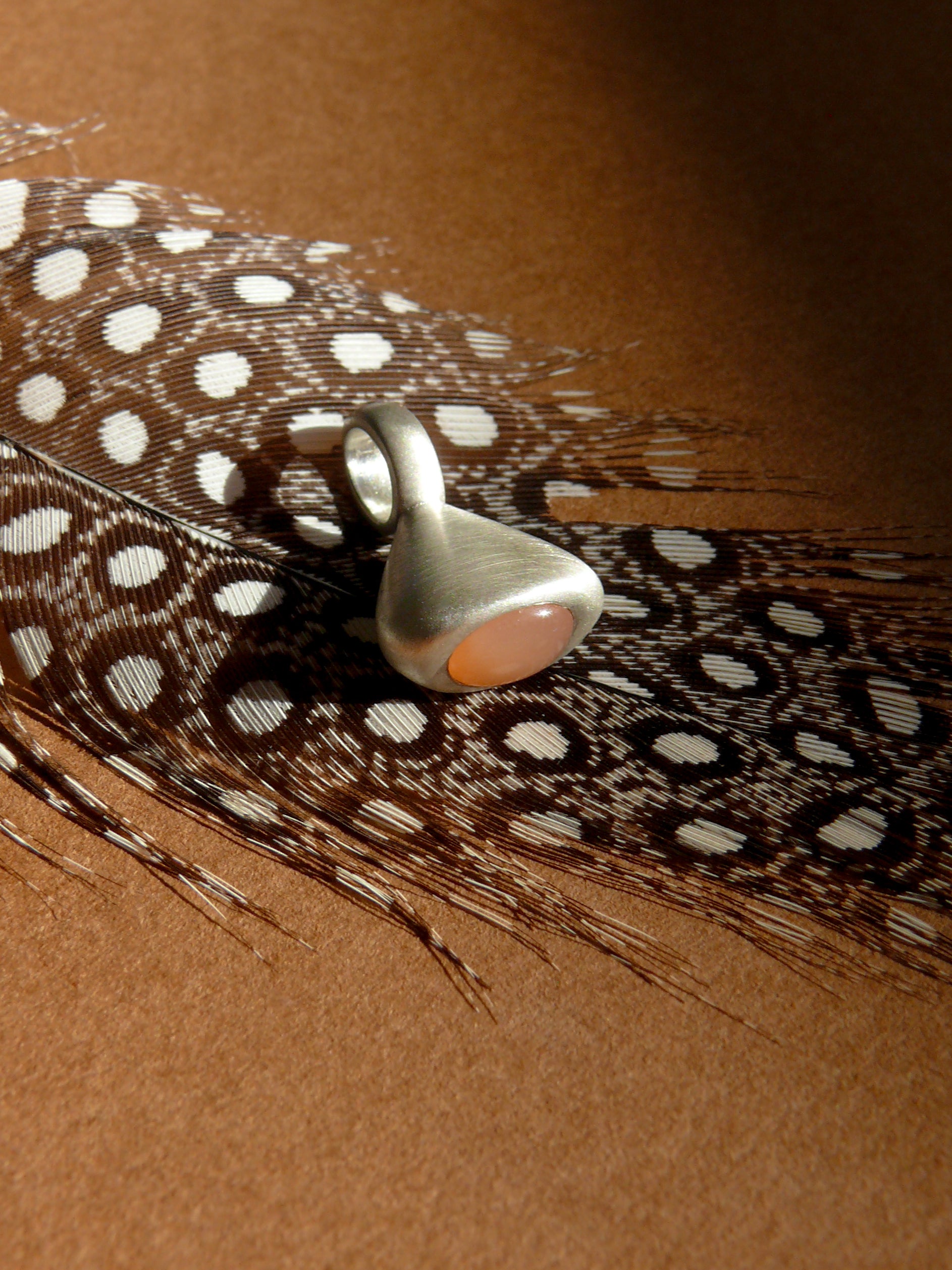 Peach Moonstone Pendulum Charm No. 3 - Silver on feather