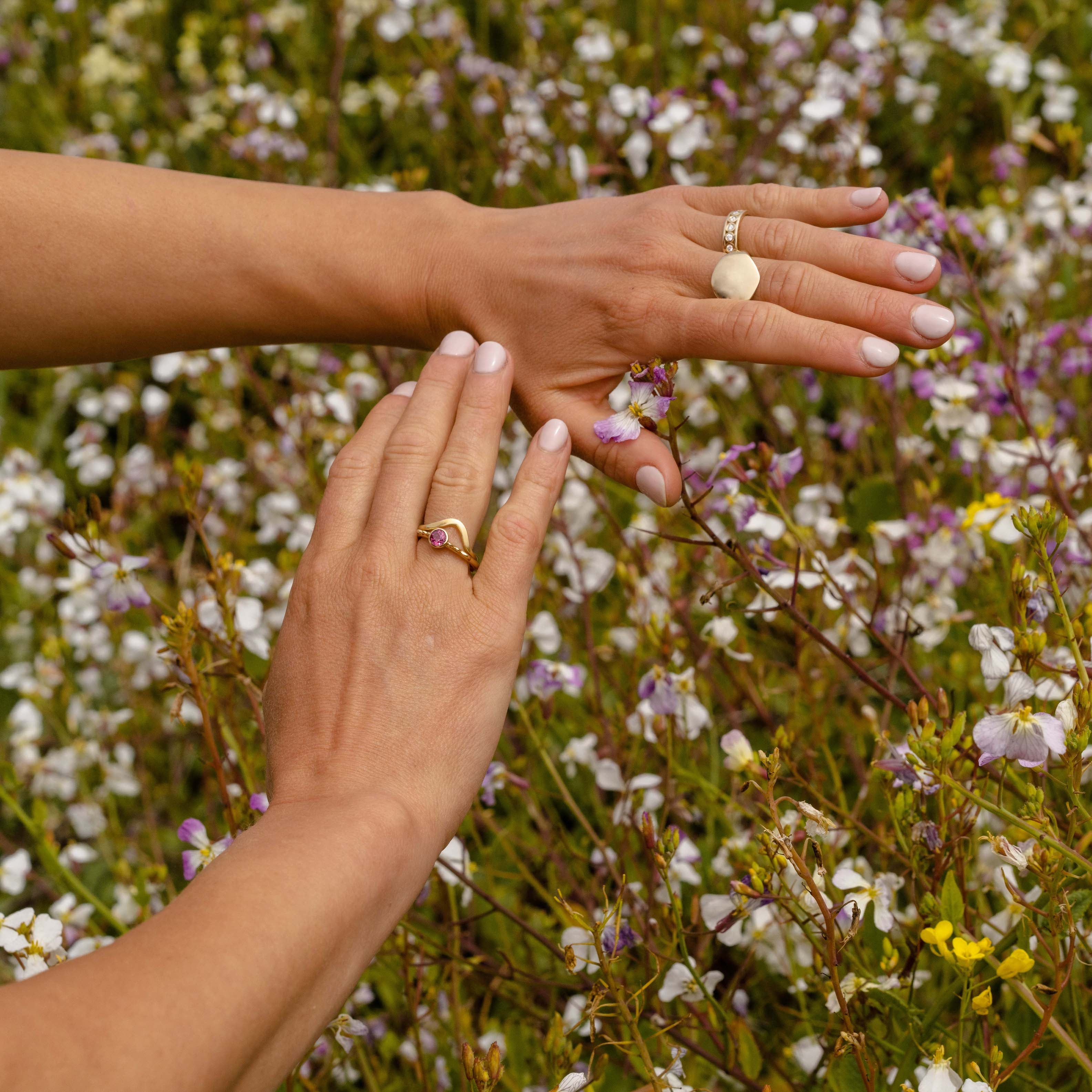 Garnet Vessel Ring No. 3 - Gold on model
