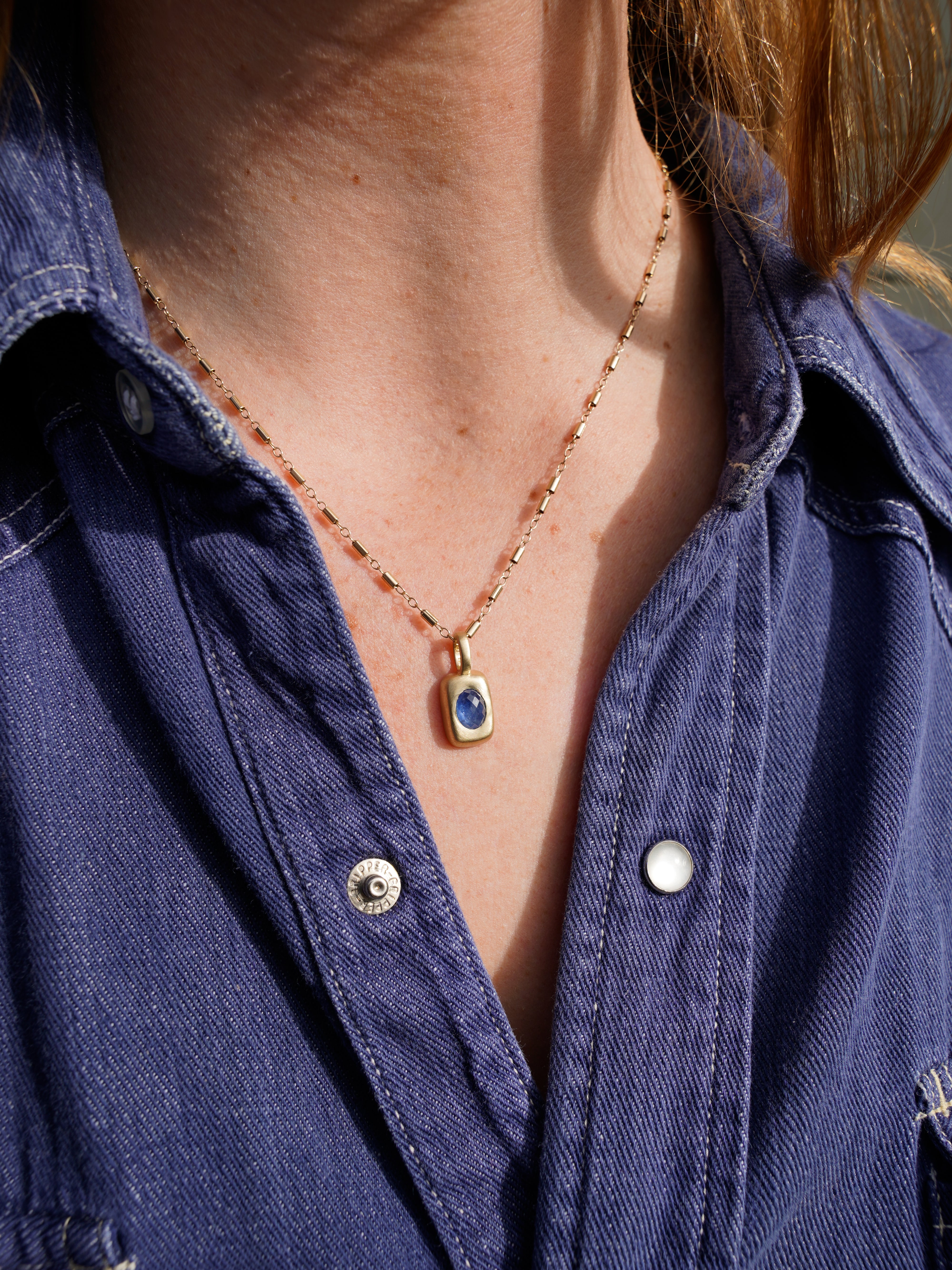 Blue Sapphire Vertical Trove Charm - Gold on model
