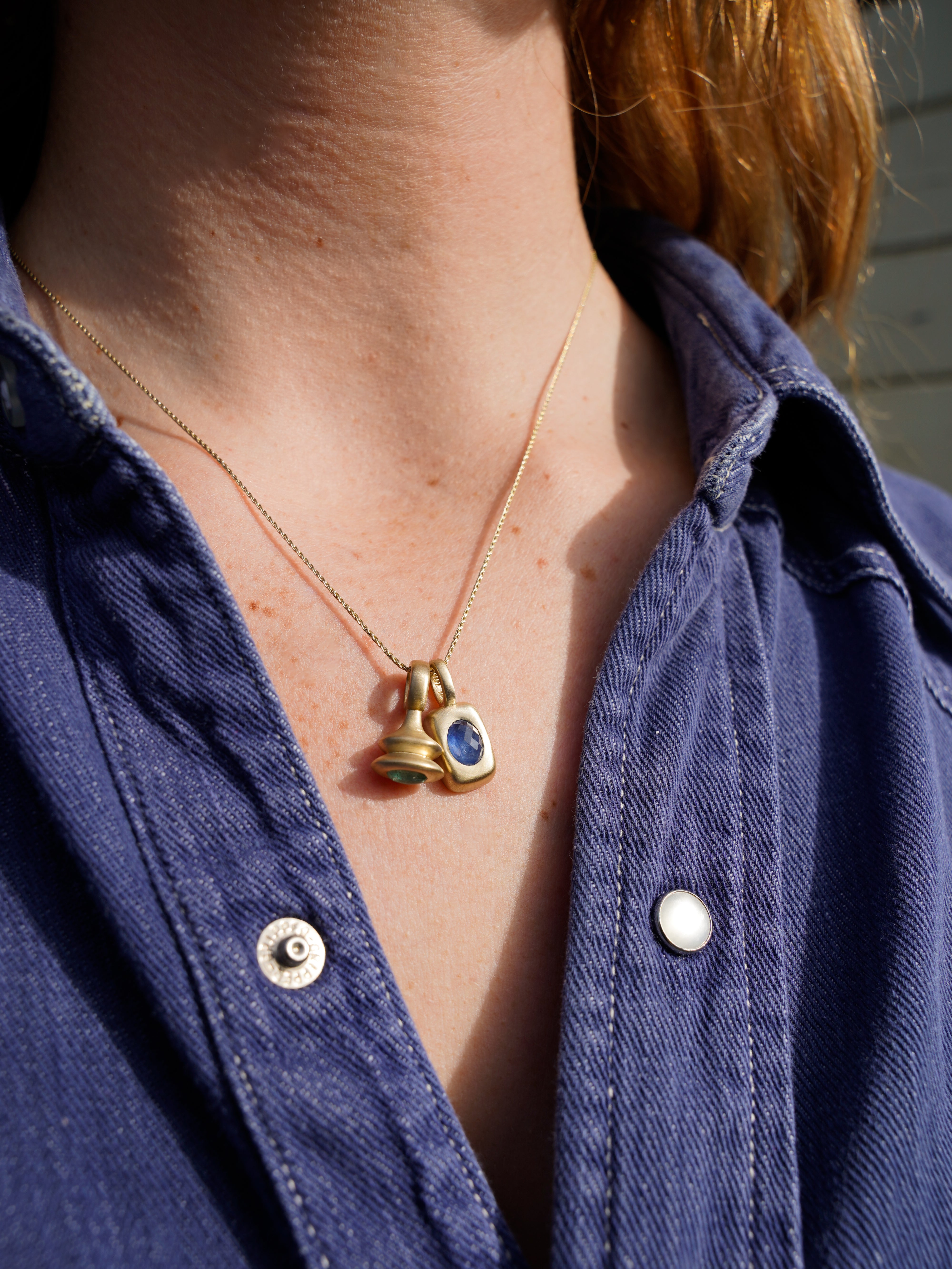 Blue Sapphire Vertical Trove Charm - Gold on model with pendulum charm