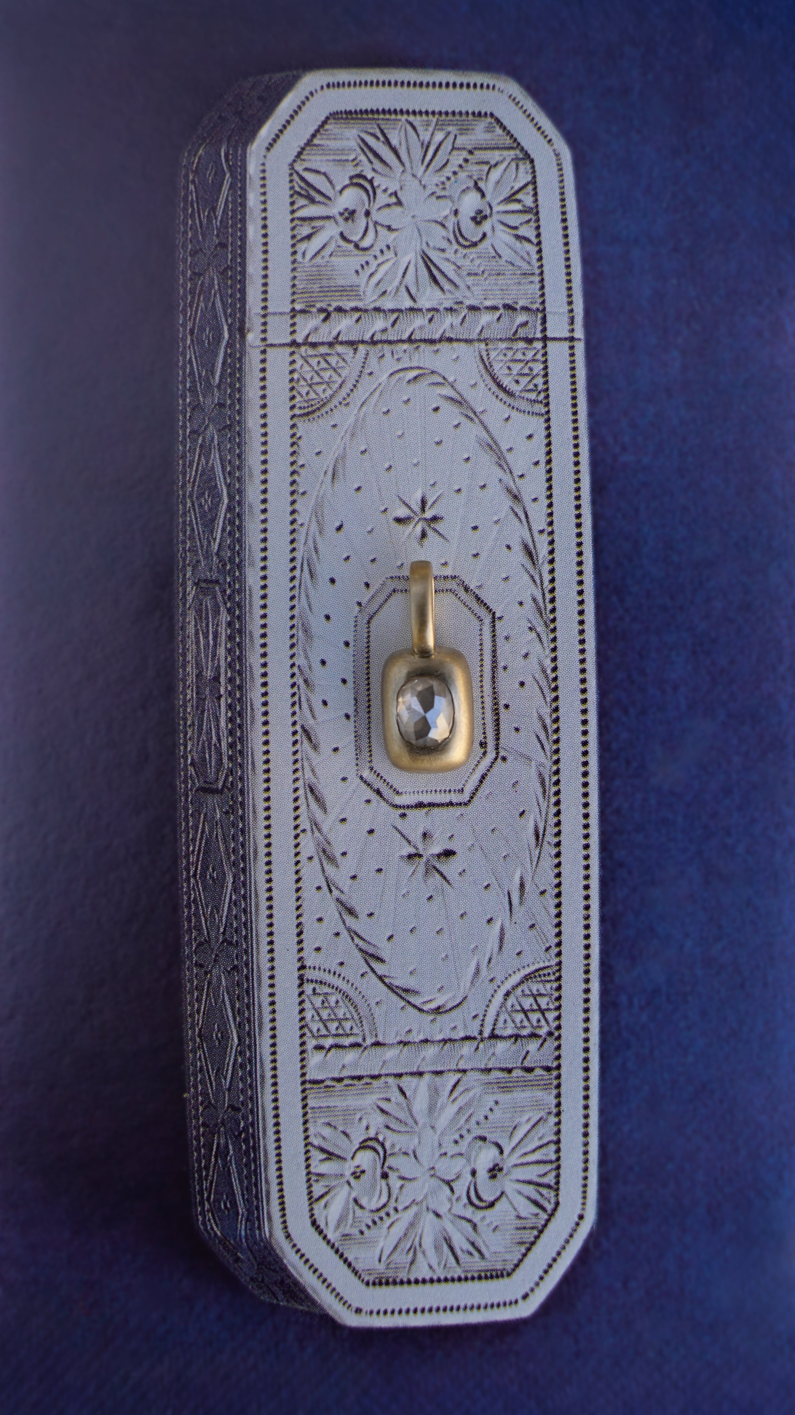 Cushion Diamond Vertical Trove Charm - Gold on engraved box