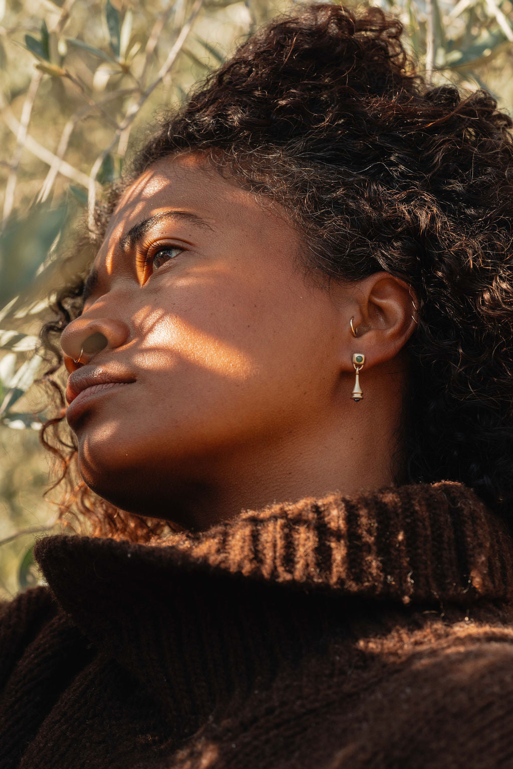 Emerald and Sapphire Pendulum Charm Drop Earring - Gold on model