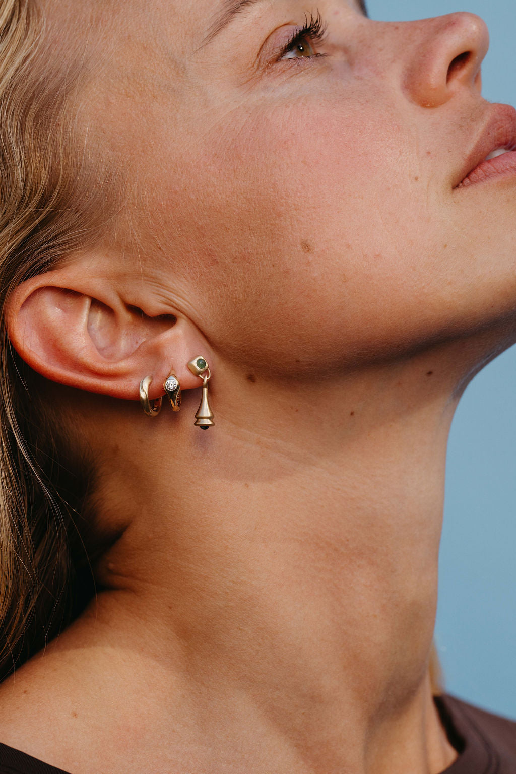 Emerald and Sapphire Pendulum Charm Drop Earring - Gold in earring stack