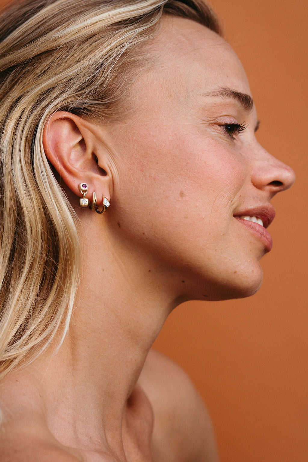 Garnet and Diamond Small Trove Drop Earring - Gold in earring stack