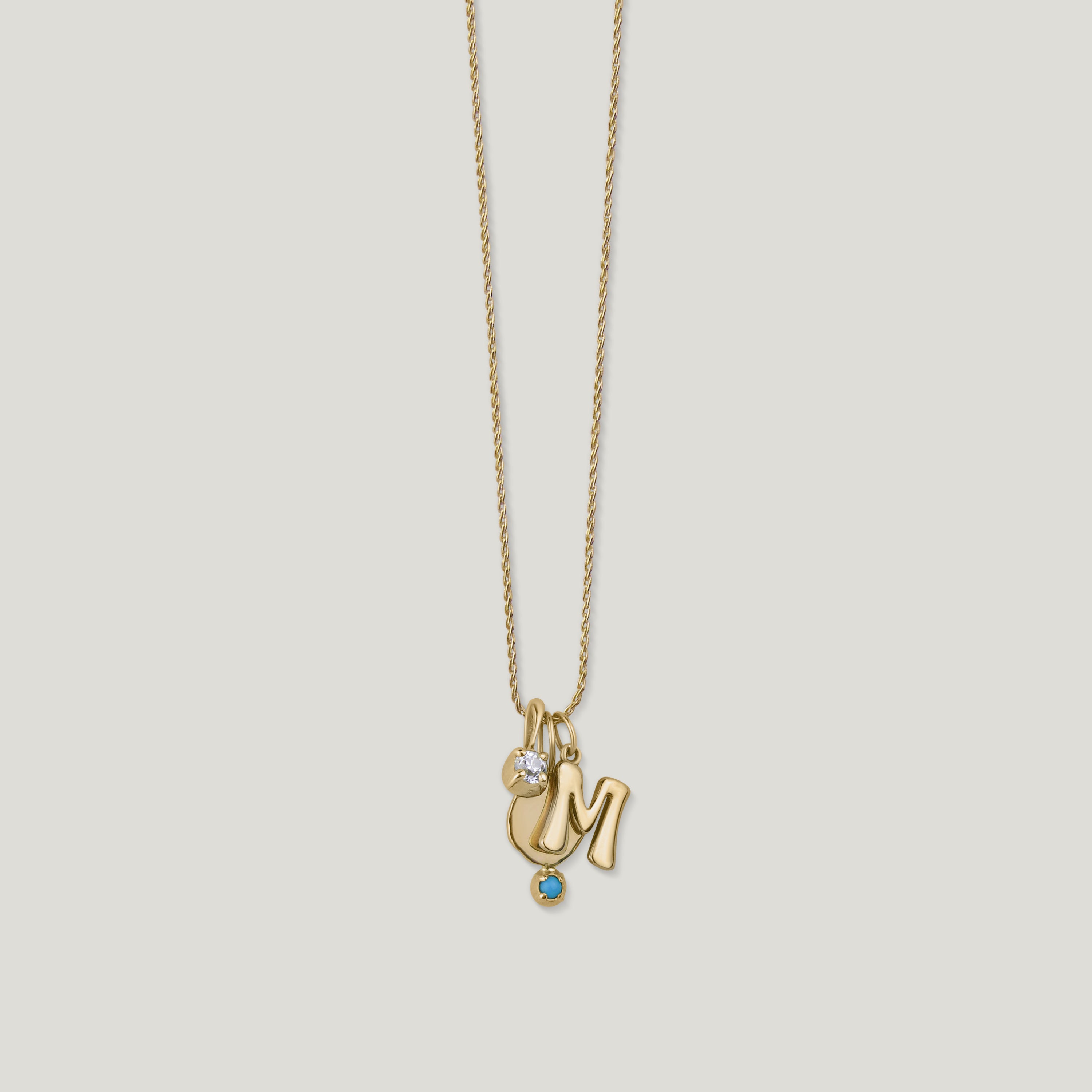 Gold Slow Bloom Initial Letter Charm M with Turquoise Medallion and Diamond Charm