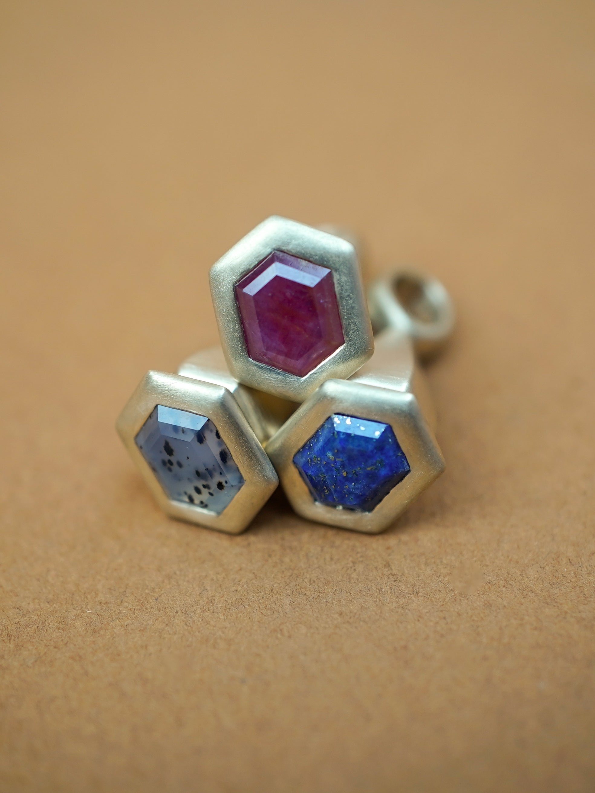 Hexagon Ruby Pendulum Charm No. 10 - Gold