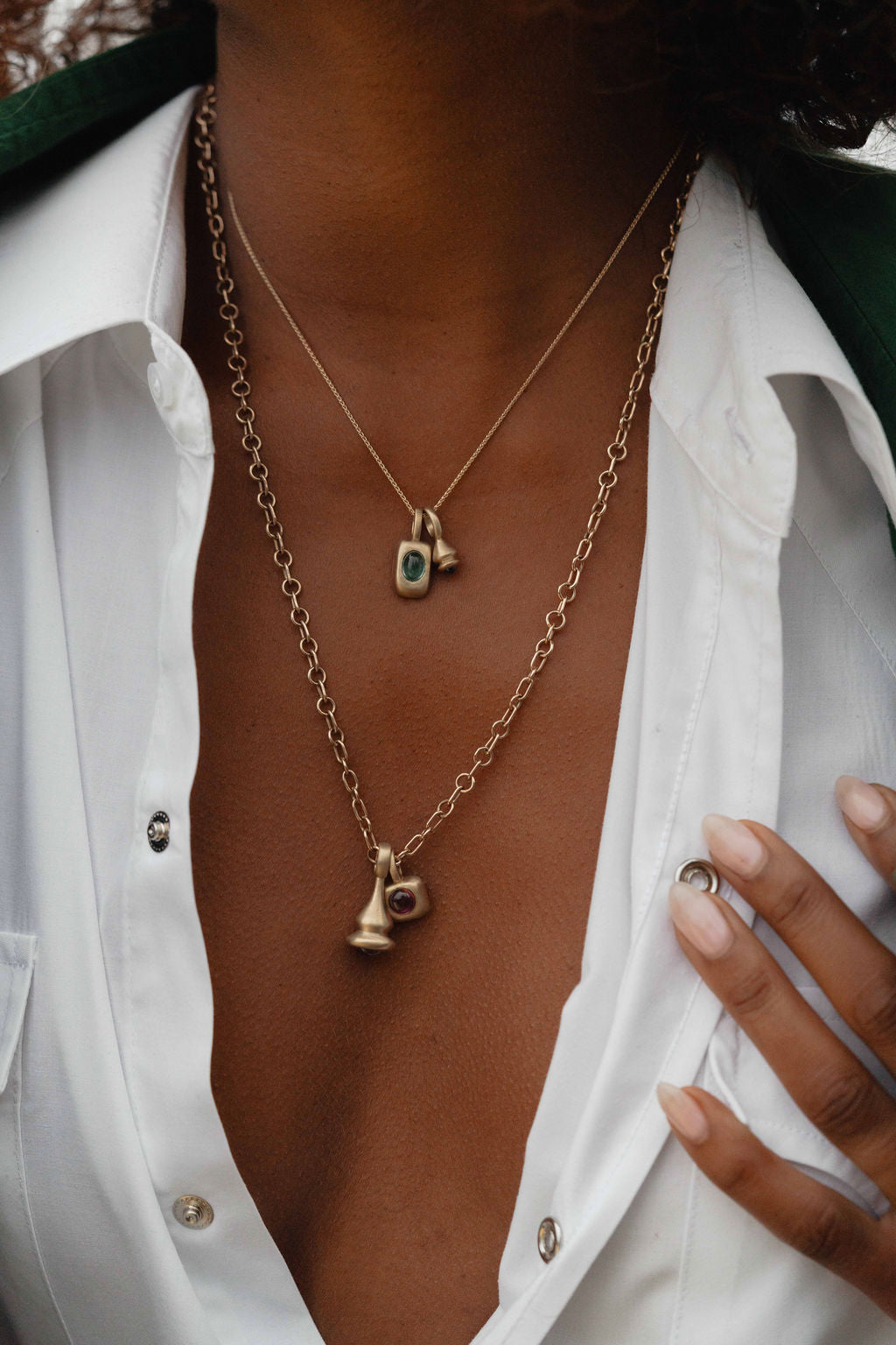 Mini Pendulum Charm NO.11 on model with gold charm stack