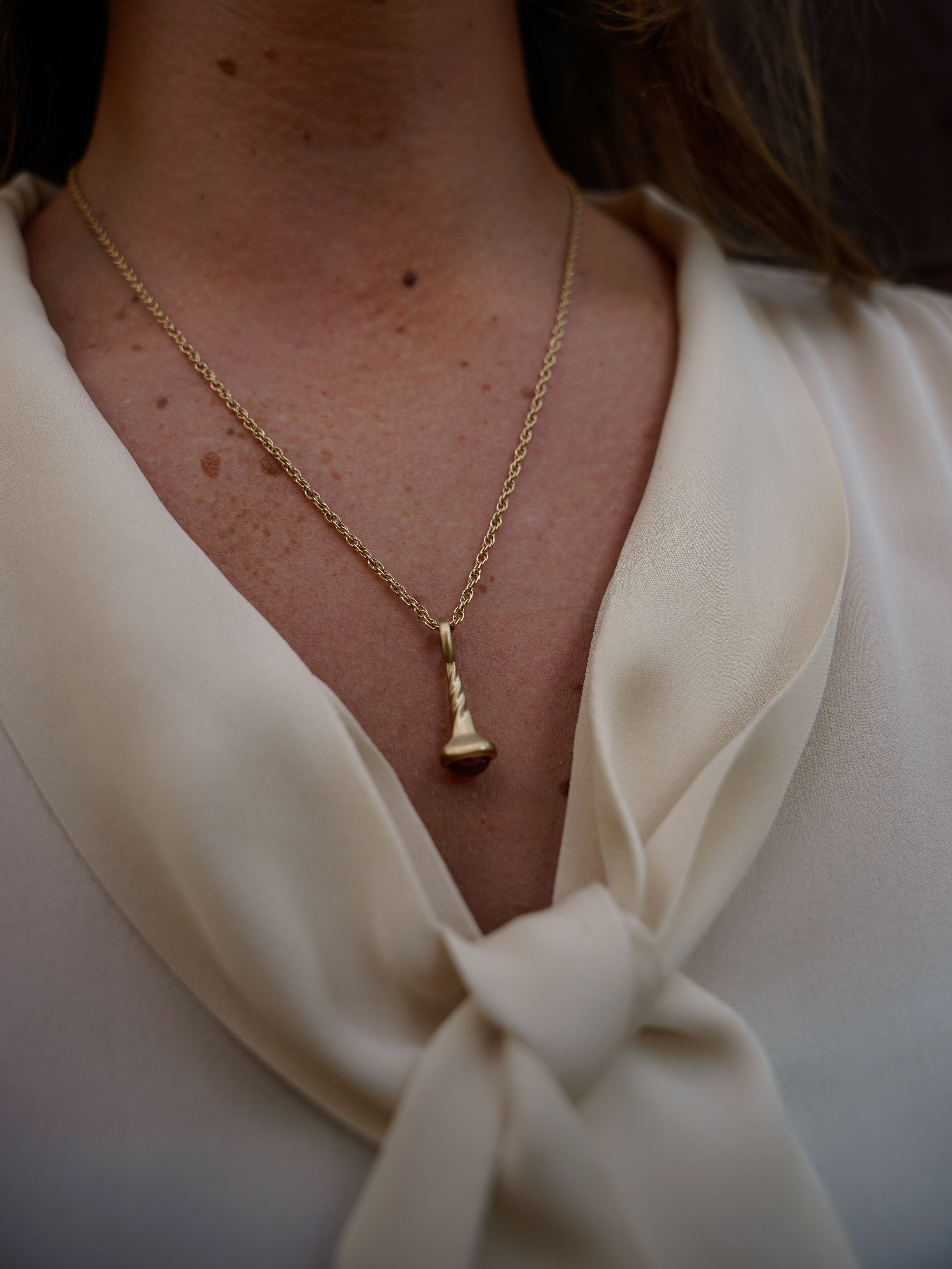 Okay Fine Gold Pendulum Charms On Model Pink Tourmaline
