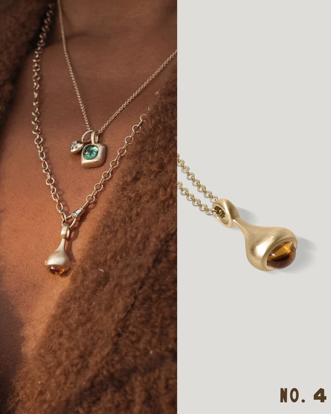 A split image showing a gold necklace worn on a person's neck on the left, and a close-up of the pendant on the right. The pendant is a teardrop-shaped gold pendulum charm with a brown amber-like center, which is a citrine cabochon.