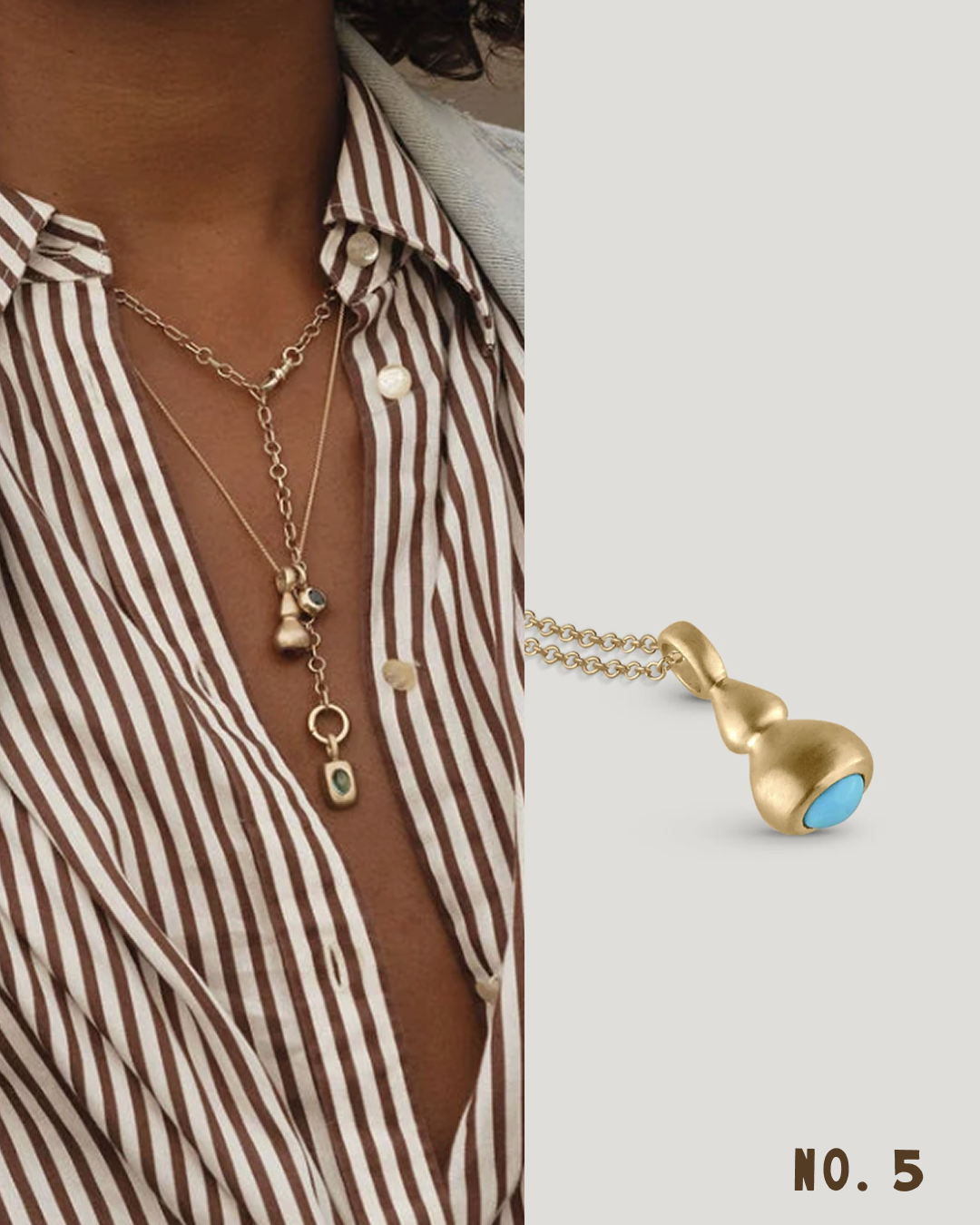 A close-up of a person wearing layered gold necklaces over a brown-and-white striped shirt, with a larger inset detail of one necklace pendant on a light gray background. The pendulum charm pendant is gold-toned with an organic rounded shape and a small bright blue stone accent, which is a turquoise. 