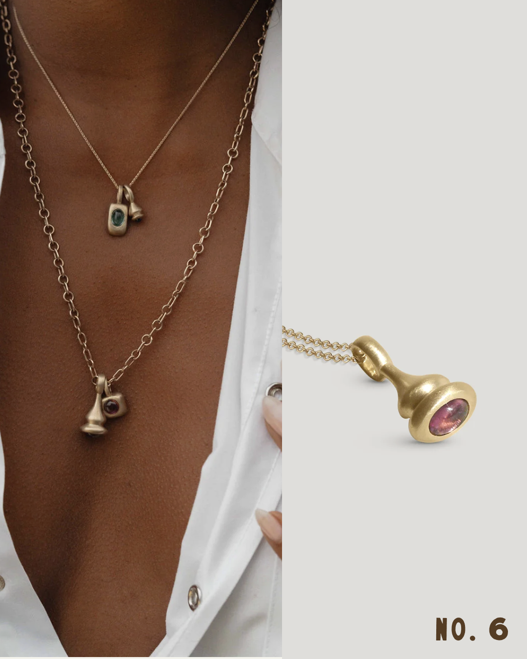A close-up of a model wearing two layered gold necklaces with small geometric charms, alongside a detailed view of one necklace pendant on a light gray background. The pendulum charm pendant features a gold form with a round pink gemstone.
