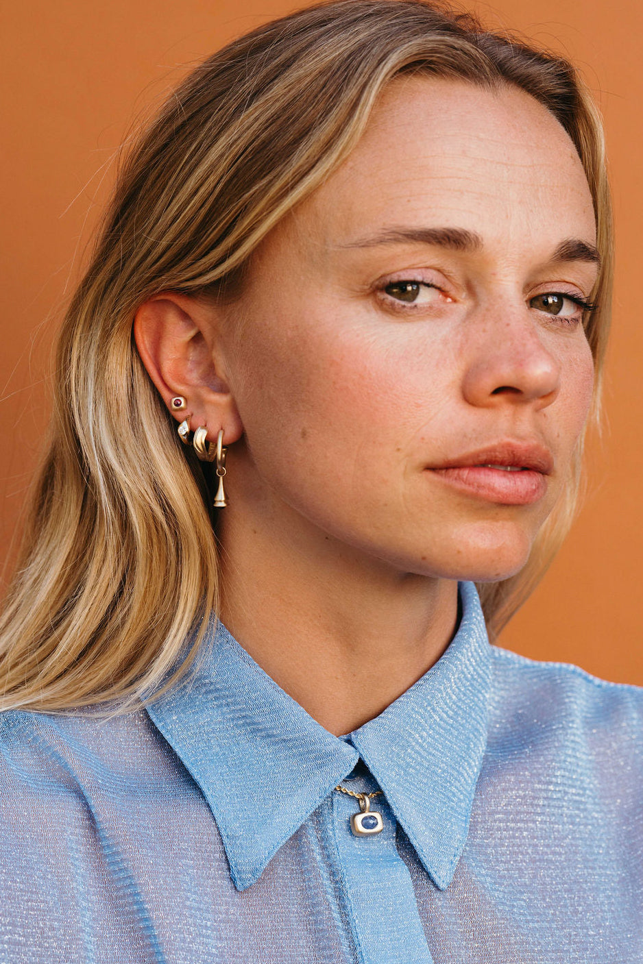 Blue Sapphire Pendulum Charm No. 1 Hoop Earring - Gold in earring stack