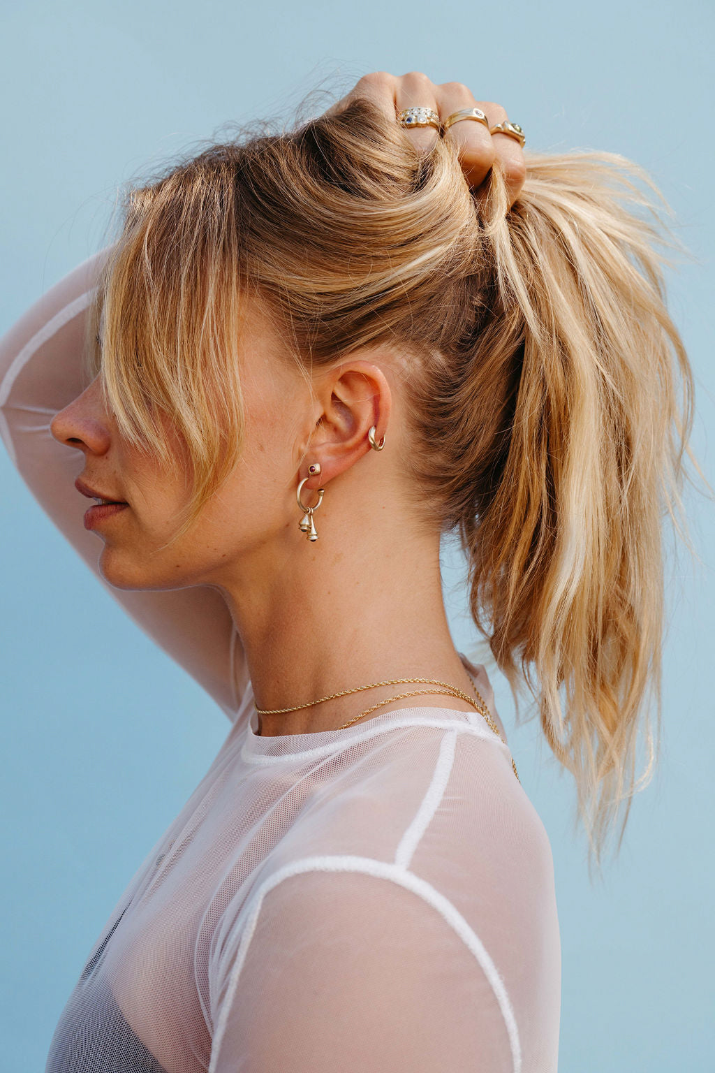 Emerald and Sapphire Pendulum Charm Hoop Earring - Gold in earring stack