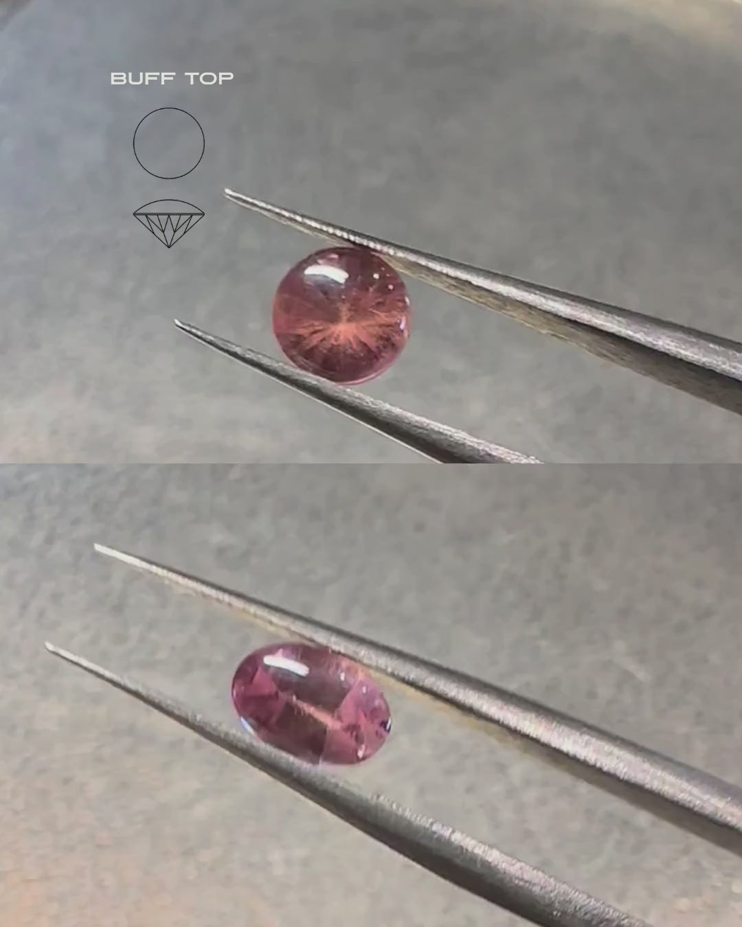 A video showing the diagram of a buff top gemstone, with a low domed top and facets underneath