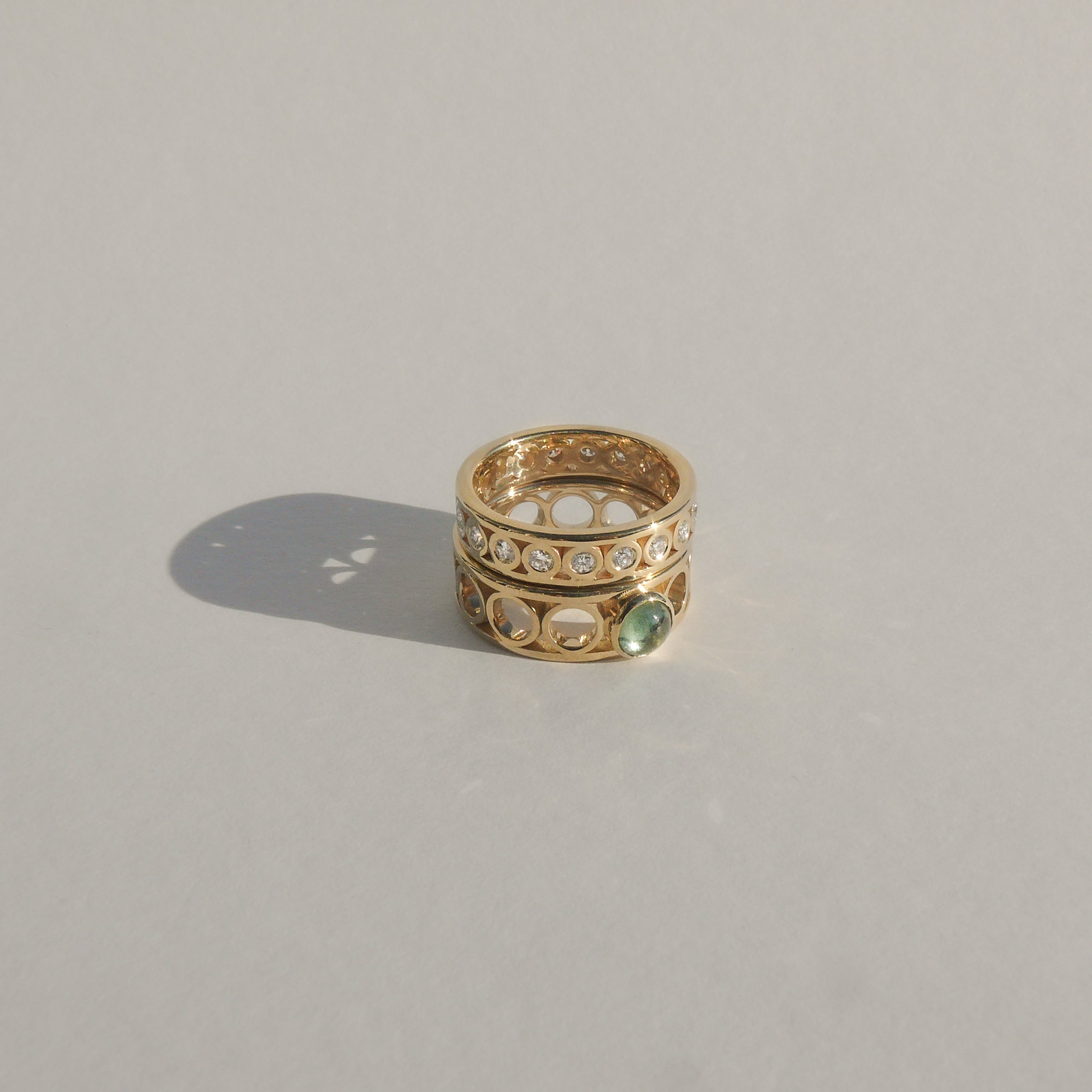 2mm recycled white diamonds flush set in a 14k yellow recycled gold  eternity ring